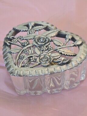 Vintage 1988 Crystal Heart Trinket Box Filigree Rose Pewter Lid
